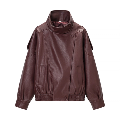 Women PU Leather Jacket Loose Stand Collar Asymmetric Button Streetwear Casual Long Sleeve Windproof Outerwear Coat
