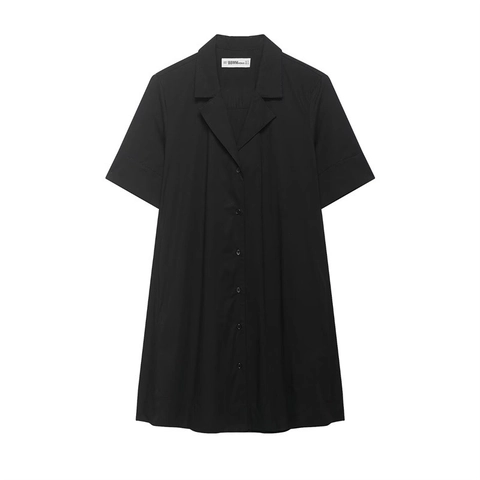 Vestido Camisero Casual para Mujer de Manga Corta con Solapa Color Negro Sólido Botonadura Sencilla Suelto Línea A Mini Vestido Minimalista Oficina