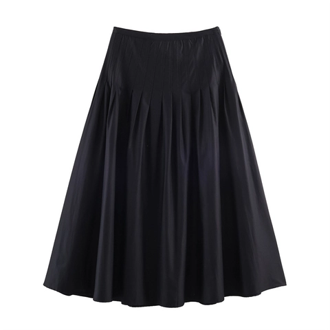 Damen Midirock Mit Hoher Taille Und Falten Eleganter A-Linien-Rock Einfarbig Seitlicher Reißverschluss Casual Polyester Rock