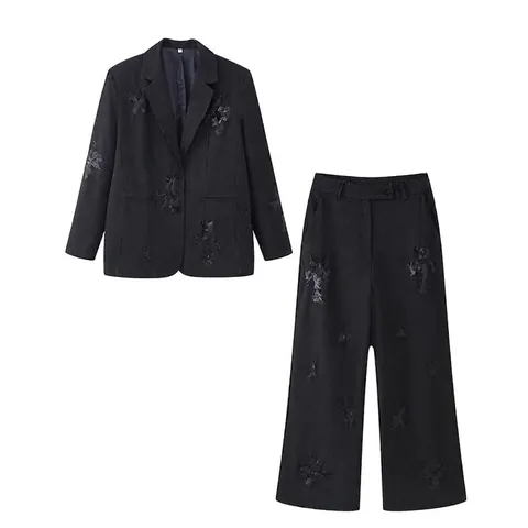 Damen Eleganter Streifen Blazer Hose Mit Pailletten Blumen Stickerei Zweiteiler Büro Lady Mode Outfits Schwarz Anzug