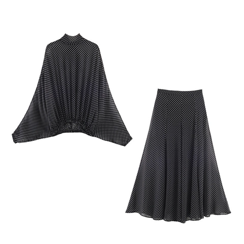 Elegantes Polka Dot Damen Rock Set Schluppenbluse Und A-Linien Maxirock Satin Outfit Für Büro Alltag Party