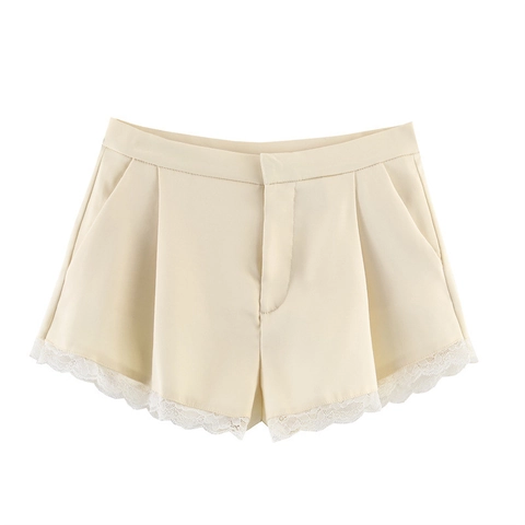 Women High Waisted Satin Shorts With Delicate Lace Hem Casual Wide Leg A-Line Shorts With Pockets Summer Fashion Bottoms