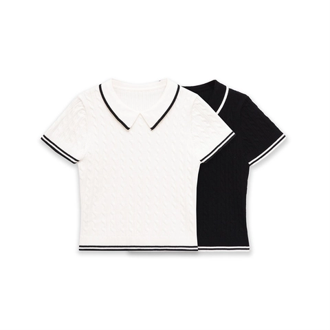 Women Cable Knit Short Sleeve Polo Shirt Contrast Stripe Trim Slim Fit Preppy Style Knitwear Top For Casual Daily Wear