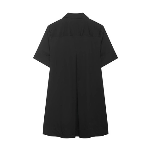 Vestido Camisero Casual para Mujer de Manga Corta con Solapa Color Negro Sólido Botonadura Sencilla Suelto Línea A Mini Vestido Minimalista Oficina