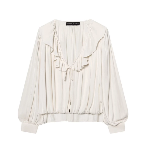Camicetta Elegante da Donna in Raso Con Scollo a V Volant Maniche a Lanterna Lunghe Laccio Tinta Unita Top