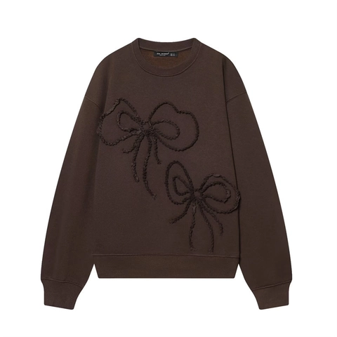 Women Casual Long Sleeve Sweatshirt Loose Fit Round Neck Pullover With 3D Ruffle Bow Detail Soft Polyester Autumn Top
