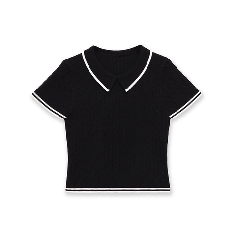 Women Cable Knit Short Sleeve Polo Shirt Contrast Stripe Trim Slim Fit Preppy Style Knitwear Top For Casual Daily Wear