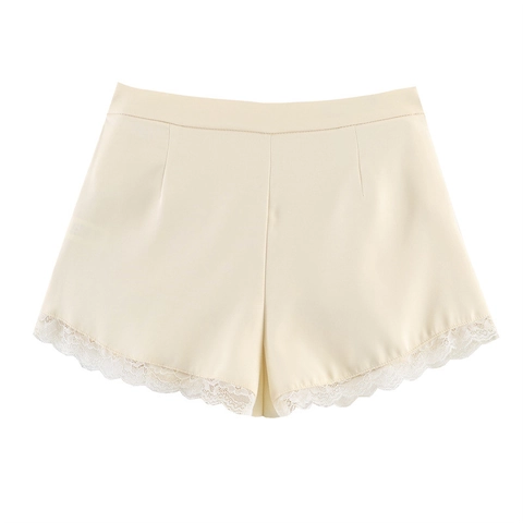 Women High Waisted Satin Shorts With Delicate Lace Hem Casual Wide Leg A-Line Shorts With Pockets Summer Fashion Bottoms