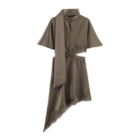 Women's Sexy Satin Lace Asymmetrical Midi Dress High Neck Scarf Tie Waist Cutout Elegant Coffee Brown Party Evening Dress