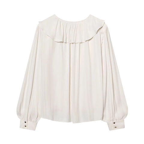 Camicetta Elegante da Donna in Raso Con Scollo a V Volant Maniche a Lanterna Lunghe Laccio Tinta Unita Top