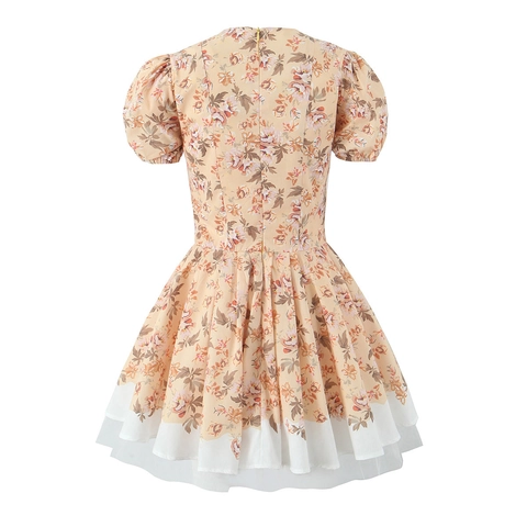 Women Retro Apricot Floral Puff Sleeve V-Neck Dress With Mesh Hem Corset Waist Summer Vacation Bohemian Midi Dress