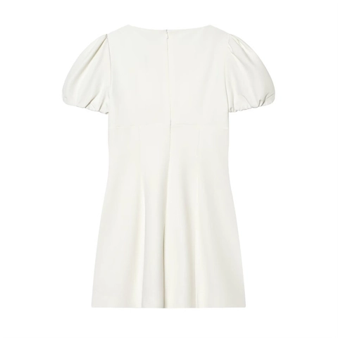 Abito Mini da Donna Sexy Bianco Con Maniche a Sbuffo Scollo Quadrato Pieghettato Cerniera Posteriore Invisibile Linea A Vestito Festa