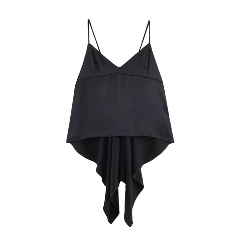 Damen Sexy Asymmetrisches Satin Camisole Top Spaghetti-Träger V-Ausschnitt Rückenfrei Schnürung Unregelmäßiger Saum Mode Top