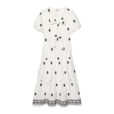 Robe Midi à Broderie Vintage pour Femmes Col en V Blanc Mélange de Coton Manches Bouffantes Nœud Papillon Trapèze Vacances Fête
