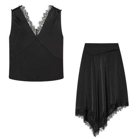 Women Sexy Satin Lace Trim V-Neck Sleeveless Top And Asymmetrical Skirt Two Piece Set Elegant Solid Color Party Outfit