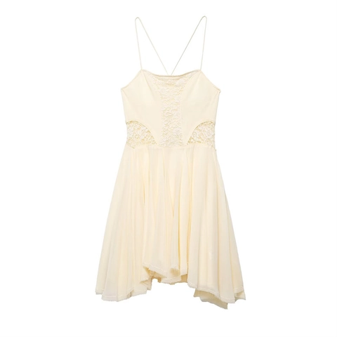 Vestido de Tirantes Elegante para Mujer Patchwork de Encaje Malla Gasa Dobladillo Irregular Ajustado Sin Mangas Beige