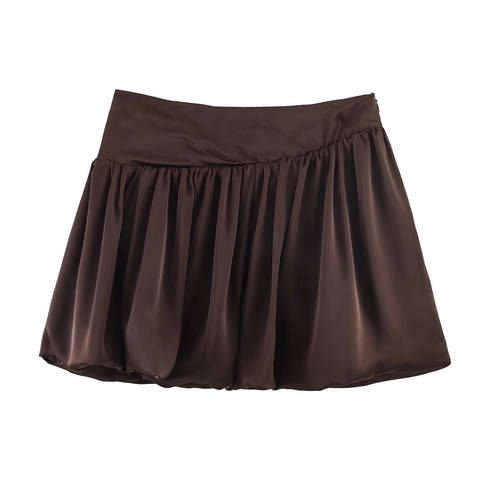 Gonna a Palloncino da Donna a Vita Alta in Raso Vintage Plissettata Marrone Scuro Minigonna Retrò Tinta Unita