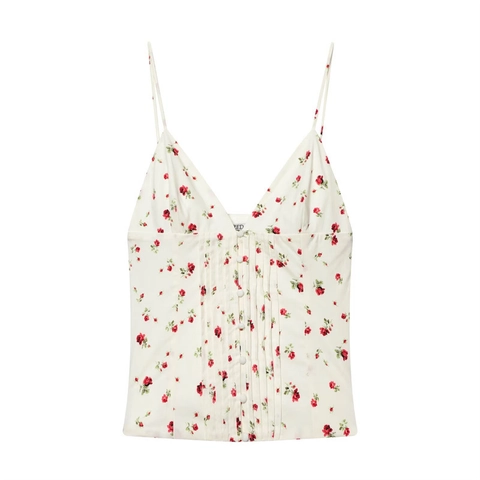 Women Sexy Backless Floral Camisole V Neck Pleated Button Rose Print Thin Strap Short Tank Top Summer Streetwear