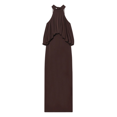 Abito Lungo da Donna Con Scollo all'Americana e Volant a Strati Vestibilità Aderente Marrone Scuro Senza Maniche Elegante