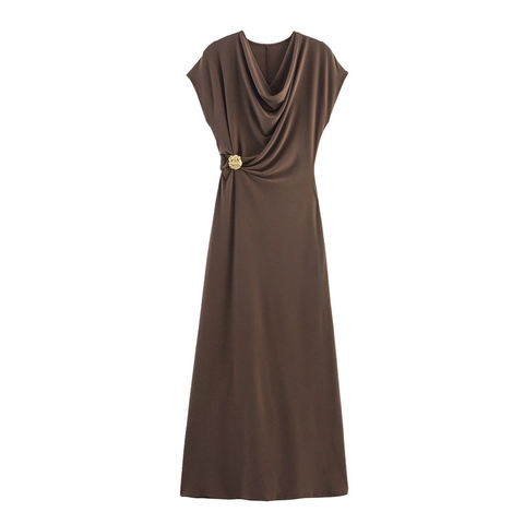 Elegante Vestido Maxi Sin Mangas con Cuello Hamaca para Mujer Color Sólido Ajuste Delgado Vestido de Fiesta Plisado Lateral con Botón de Flor Dorada