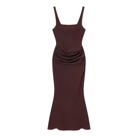 Women Sexy Ruched Bodycon Maxi Dress Square Neck Sleeveless Mermaid Hem Solid Color Elegant Party Evening Clubwear Dress