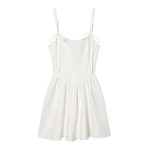 Sexy Vestito Mini a Corsetto Bianco Donna Senza Maniche Spalline con Fiocco Plissettato Slim Fit Estate Party Clubwear Moda Abito Corto