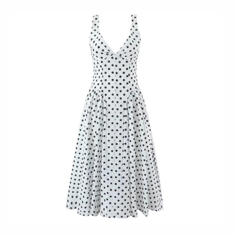 Abito Maxi da Donna Francese Vintage Scollo a V a Pois Senza Maniche Elegante Vita Alta a Trapezio per Vacanze al Mare