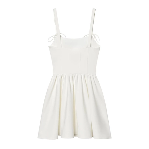 Sexy Vestito Mini a Corsetto Bianco Donna Senza Maniche Spalline con Fiocco Plissettato Slim Fit Estate Party Clubwear Moda Abito Corto