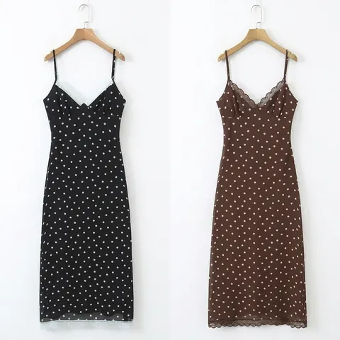 Abito da Donna alla Moda a Pois con Pizzo e Spalline Elegante Scollo a V Senza Maniche Estivo Lungo Midi Streetwear Casual