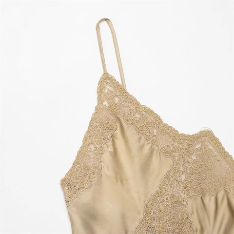Women's Champagne Gold Satin Slip Dress Lace Trim V Neck Adjustable Spaghetti Strap Asymmetrical Hem Midi Party Dress