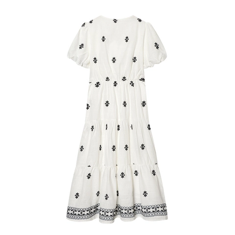Robe Midi à Broderie Vintage pour Femmes Col en V Blanc Mélange de Coton Manches Bouffantes Nœud Papillon Trapèze Vacances Fête