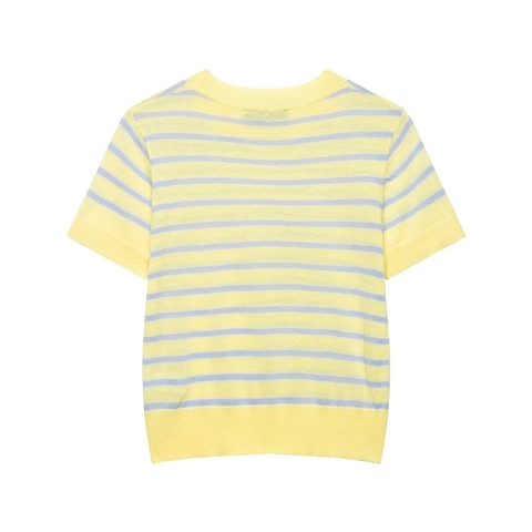 Top In Maglia A Righe Da Donna Casual Manica Corta Girocollo Largo Bordo A Costine T-Shirt In Poliestere Maglione A Righe Estivo