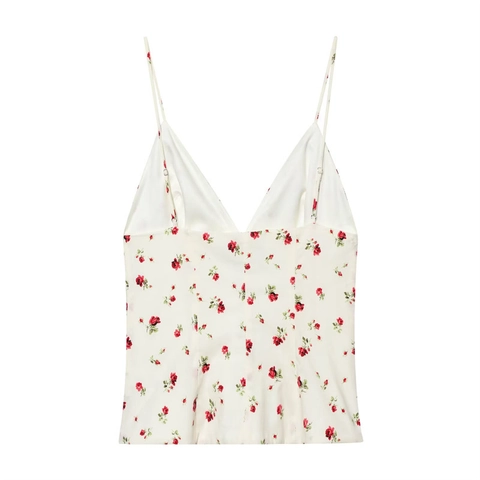 Women Sexy Backless Floral Camisole V Neck Pleated Button Rose Print Thin Strap Short Tank Top Summer Streetwear