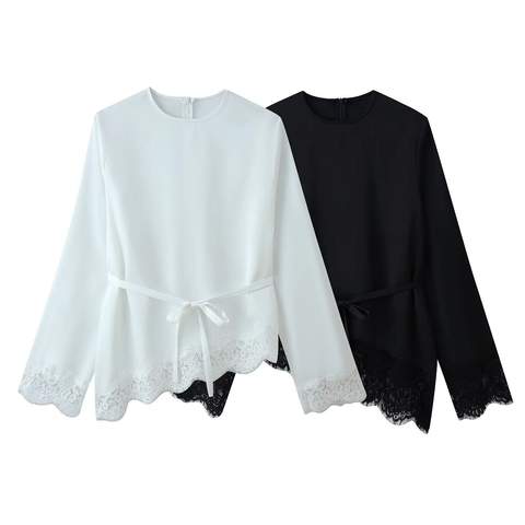 Women Elegant Lace Patchwork Long Sleeve T-Shirt Loose Belted Irregular Hem Round Neck Solid Color Casual Blouse Top