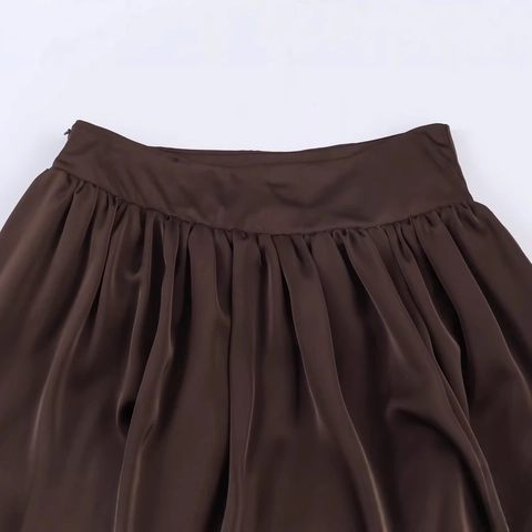 Gonna a Palloncino da Donna a Vita Alta in Raso Vintage Plissettata Marrone Scuro Minigonna Retrò Tinta Unita