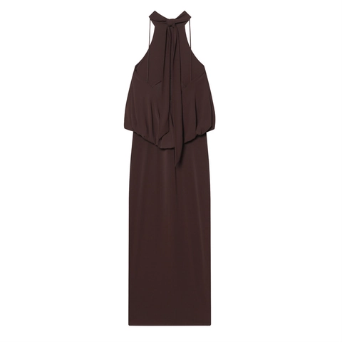 Abito Lungo da Donna Con Scollo all'Americana e Volant a Strati Vestibilità Aderente Marrone Scuro Senza Maniche Elegante