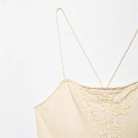 Vestido de Tirantes Elegante para Mujer Patchwork de Encaje Malla Gasa Dobladillo Irregular Ajustado Sin Mangas Beige