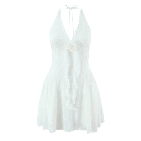 Abito Sexy da Donna Bianco in Pizzo Allacciato al Collo con Rosa 3D Scollo a V Schiena Scoperta Mini Abito a Trapezio per Vacanza Festa