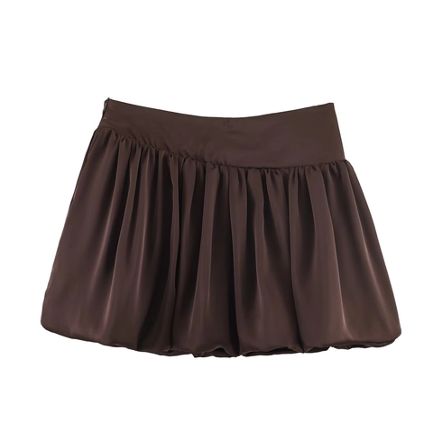 Women High Waist Satin Mini Skirt Pleated Ruched Bubble Hem Dark Brown French Vintage Style Summer Casual Short Skirt