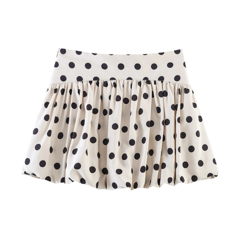Jupe-Culotte Femme à Pois Taille Haute Plissée Ourlet Ballon Mini-Jupe Sexy Streetwear Chic Blanc Crème Noir Polyester