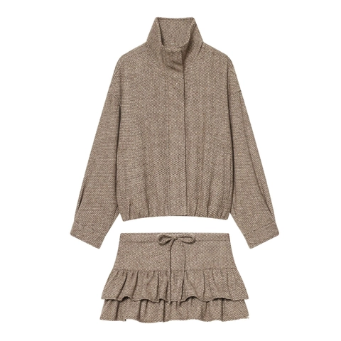 Damen Casual Tweed Jacke Und Rüschenrock Zweiteiliges Outfit Langarm Stehkragen Fischgräten Vintage Stil Kleidung