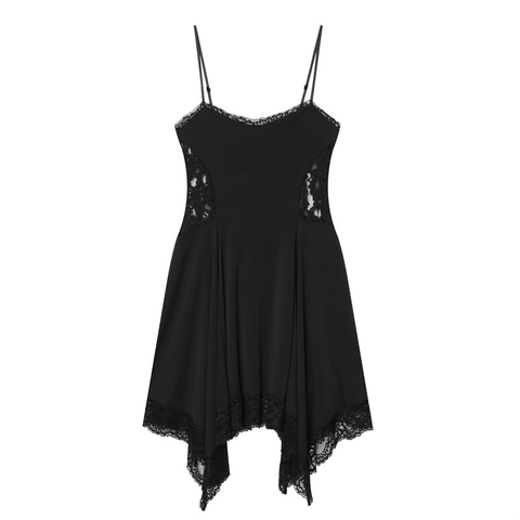 Abito da Donna Sexy Nero in Pizzo con Spalline Sottili Mini Abito Orlo Irregolare Bodycon Patchwork Clubwear Party Slim