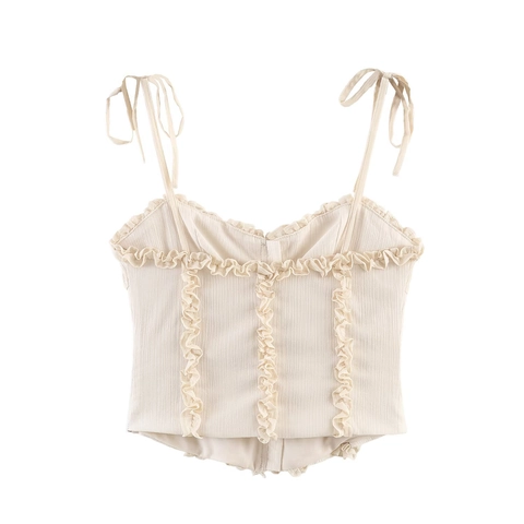 Top Corto de Camisola con Volantes y Hombros Anudados para Mujer Estilo Corsé Sexy con Botones Verano Albaricoque Top sin Mangas
