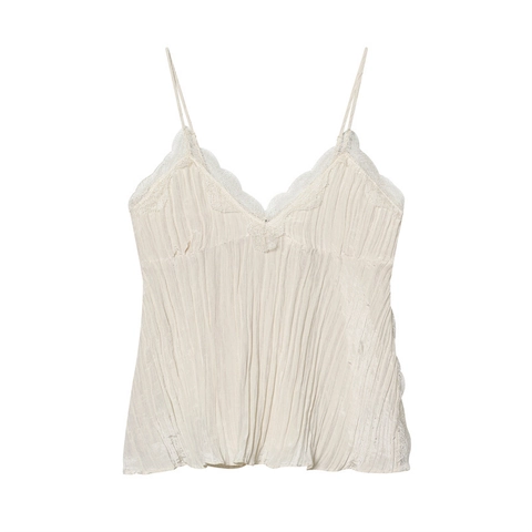 Débardeur Cami Sexy pour Femme Col en V Bordure en Dentelle Plissé Fines Bretelles Coupe Slim Sans Manches Blanc Cassé en Polyester