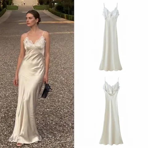 Abito Lungo in Raso Patchwork con Pizzo Sexy da Donna Scollo a V Senza Schiena con Spalline Sottili Elegante per Feste