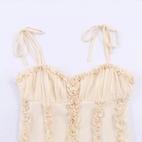 Damen Süßes Off-White Rüschen Camisole Top Bindeträger Rippenstruktur Knopfleiste Vorne Slim Fit Sommer Tank Top