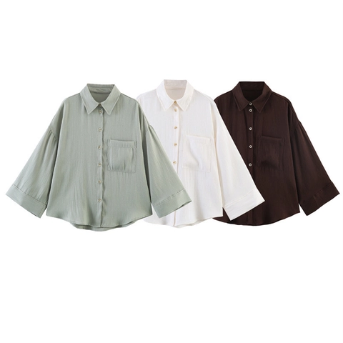 Camicetta da Donna Casual Oversized Manica Lunga Colletto a Punta Camicia Bottoni Con Tasca Tinta Unita Vestibilità Larga Top Primavera