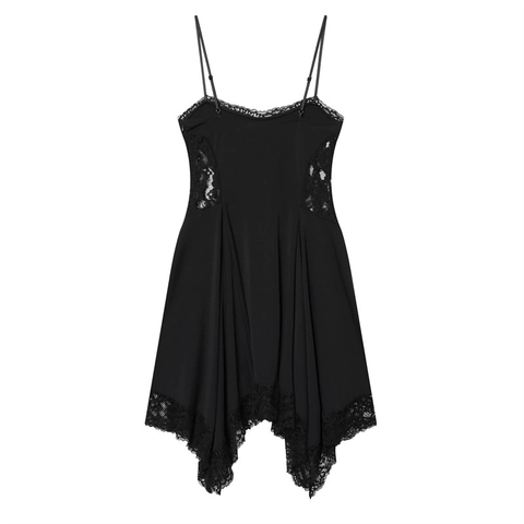 Abito da Donna Sexy Nero in Pizzo con Spalline Sottili Mini Abito Orlo Irregolare Bodycon Patchwork Clubwear Party Slim