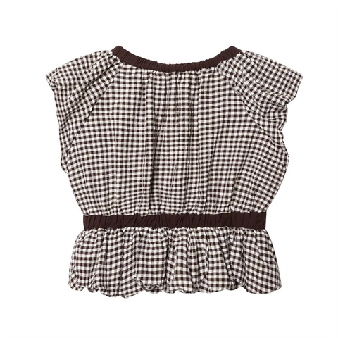 Γυναικεία Καφέ Λευκή Gingham Μπλούζα με Λαιμόκοψη V και Βολάν Με Φιόγκο Σέξι Κοντό Μανίκι Πεταλούδα Peplum Top Καρό Πουκάμισο