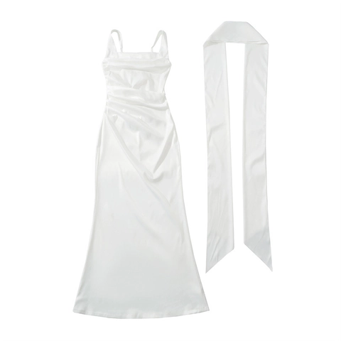 Abito Lungo in Raso Bianco con Scollo all'Americana e Arricciature Con Sciarpa Donna Sexy Schiena Scoperta Banchetto Matrimonio